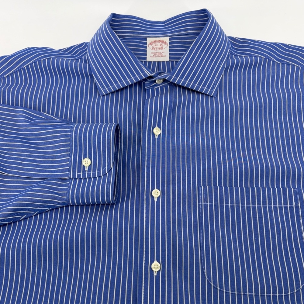 Brooks Brothers Traditional Fit Non-Iron Striped Dress Shirt Blue White 17.5-35